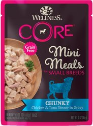 Wellness CORE Grain-Free Small Breed Mini Meals Chunky Chicken & Tuna in Gravy Dog Food Pouches, 3-oz, case of 12