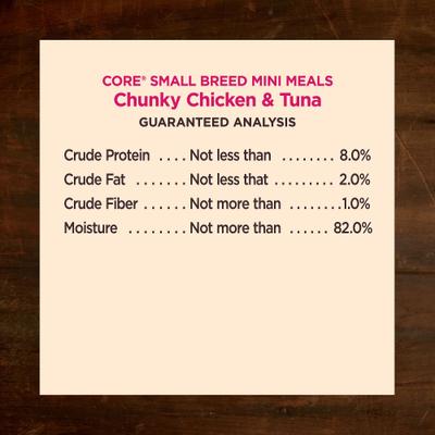Show full view: Wellness CORE Grain-Free Small Breed Mini Meals Chunky Chicken & Tuna in Gravy Dog Food Pouches, 3-oz, case of 12 slide 8 of 12