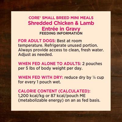 Show full view: Wellness CORE Grain-Free Small Breed Mini Meals Shredded Chicken & Lamb in Gravy Dog Food Pouches, 3-oz, case of 12 slide 7 of 12