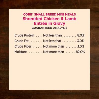 Show full view: Wellness CORE Grain-Free Small Breed Mini Meals Shredded Chicken & Lamb in Gravy Dog Food Pouches, 3-oz, case of 12 slide 8 of 12