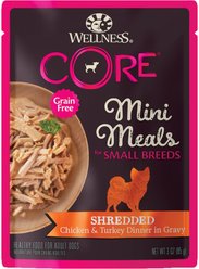 Wellness CORE Grain-Free Small Breed Mini Meals Shredded Chicken & Turkey in Gravy Dog Food Pouches, 3-oz, case of 12