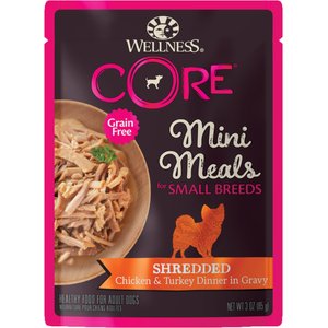 Wellness CORE Grain-Free Small Breed Mini Meals Shredded Chicken & Turkey in Gravy Dog Food Pouches, 3-oz, case of 12