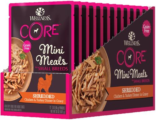 Show full view: Wellness CORE Grain-Free Small Breed Mini Meals Shredded Chicken & Turkey in Gravy Dog Food Pouches, 3-oz, case of 12 slide 10 of 12