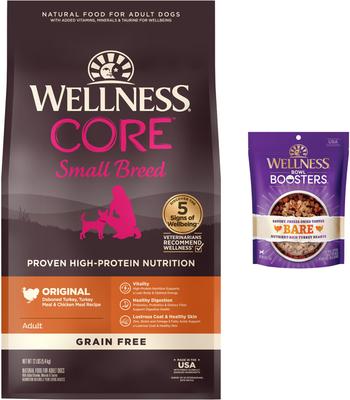 Show full view: Wellness CORE Grain-Free Small Breed Turkey & Chicken Recipe Dry Dog Food, 12-lb bag + Wellness CORE Bowl Boosters Bare Turkey Freeze-Dried Dog Food Mixer or Topper, 4-oz bag slide 1 of 10