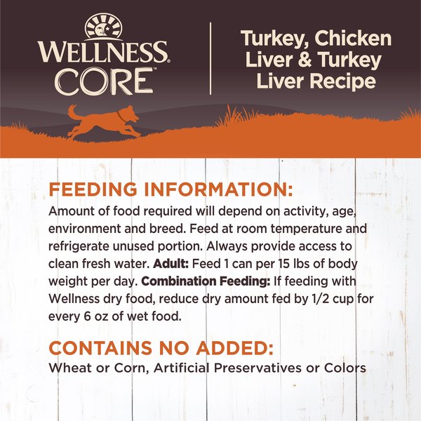 Show full view: Wellness CORE Grain-Free Turkey, Chicken Liver & Turkey Liver Formula Canned Dog Food, 12.5-oz, case of 12 slide 8 of 11