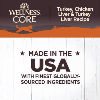 Show full view: Wellness CORE Grain-Free Turkey, Chicken Liver & Turkey Liver Formula Canned Dog Food, 12.5-oz, case of 12 slide 5 of 11
