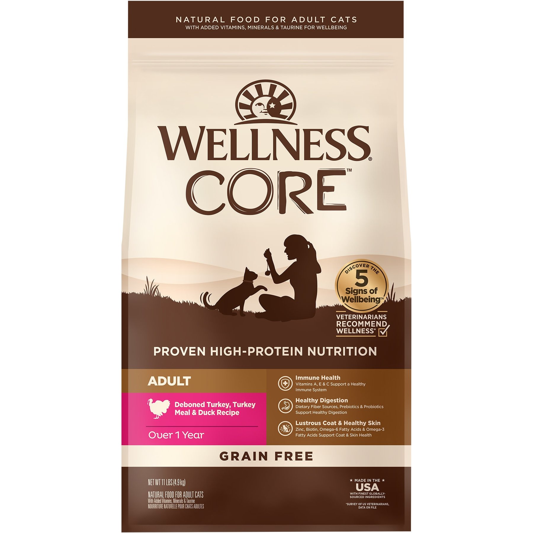 Wellness CORE Grain-Free Turkey, Turkey Meal & Duck Formula Natural Dry Cat Food, 11-lb bag