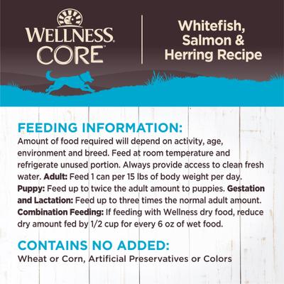 Show full view: Wellness CORE Grain-Free Whitefish, Salmon & Herring Formula Canned Dog Food, 12.5-oz, case of 12 slide 8 of 11