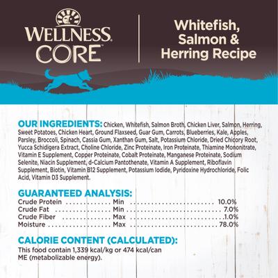 Show full view: Wellness CORE Grain-Free Whitefish, Salmon & Herring Formula Canned Dog Food, 12.5-oz, case of 12 slide 7 of 11