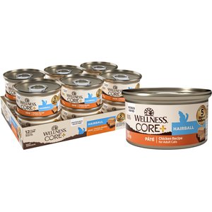 Wellness CORE+ Hairball Chicken Pate Natural Wet Cat Food, 2.8-oz can, case of 12