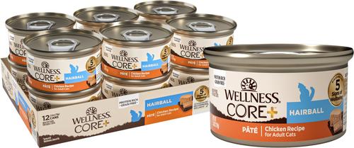 Show full view: Wellness CORE+ Hairball Chicken Pate Natural Wet Cat Food, 2.8-oz can, case of 12 slide 1 of 11