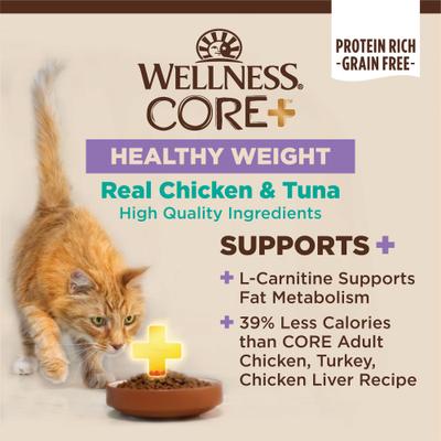 Show full view: Wellness CORE+ Healthy Weight Chicken & Tuna Natural Grain-Free Pate Wet Cat Food, 2.8-oz can, case of 12 slide 4 of 11