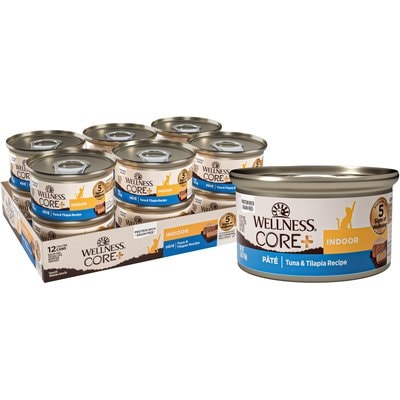 Wellness Wellness CORE+ Indoor Pate Tuna & Tilapia Natural Grain-Free Wet Cat Food, 2.8-oz can, case of 12