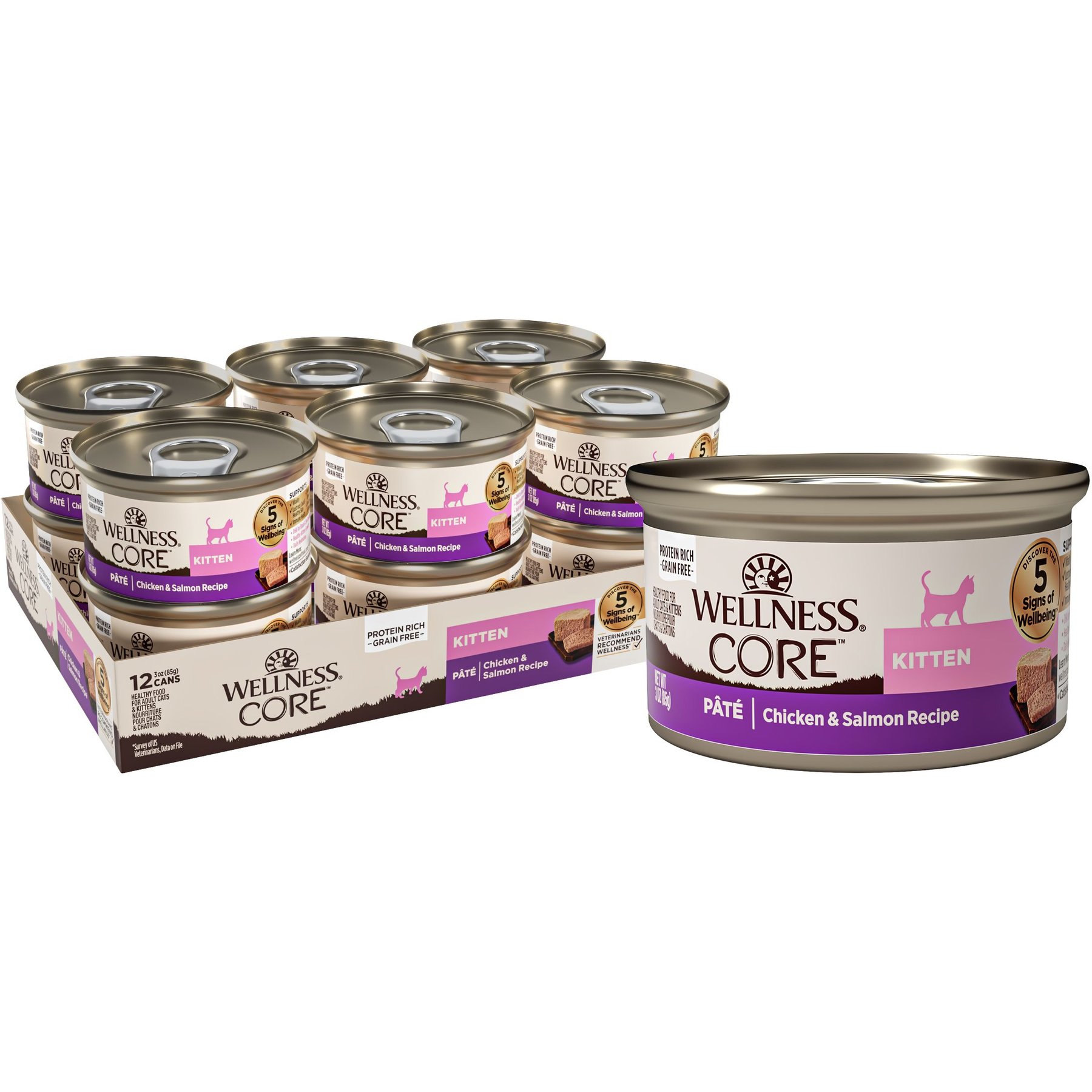 Wellness CORE Kitten Pate Chicken & Salmon Natural Grain-Free Wet Cat Food, 3-oz can, case of 12
