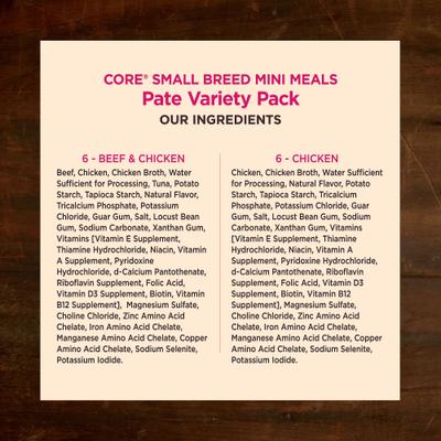 Show full view: Wellness CORE Mini Meals Beef & Chicken, Chicken Pate Variety Pack Dog Food Pouches, 3-oz, pack of 12 slide 6 of 11
