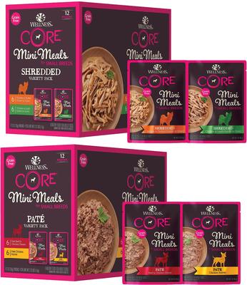 Show full view: Wellness CORE Mini Meals Chicken & Turkey, Chicken & Lamb Shredded Variety Pack + Beef & Chicken, Chicken Pate Variety Pack Dog Food Pouches slide 1 of 9