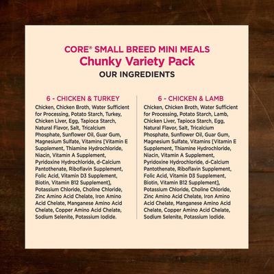 Show full view: Wellness CORE Mini Meals Chicken & Turkey, Chicken & Lamb Shredded Variety Pack Dog Food Pouches, 3-oz pouch, bundle of 24  slide 4 of 11