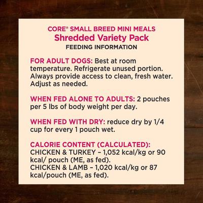 Show full view: Wellness CORE Mini Meals Chicken & Turkey, Chicken & Lamb Shredded Variety Pack Dog Food Pouches, 3-oz pouch, bundle of 24  slide 6 of 11