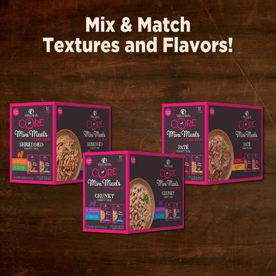 Show full view: Wellness CORE Mini Meals Chicken & Turkey, Chicken & Lamb Shredded Variety Pack Dog Food Pouches, 3-oz pouch, bundle of 24  slide 8 of 11