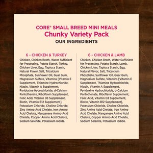 Wellness CORE Mini Meals Chicken & Turkey, Chicken & Lamb Shredded Variety Pack Natural Wet Dog Food Pouches, 3-oz, pack of 12
