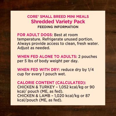 Show full view: Wellness CORE Mini Meals Chicken & Turkey, Chicken & Lamb Shredded Variety Pack Natural Wet Dog Food Pouches, 3-oz, pack of 12 slide 7 of 11