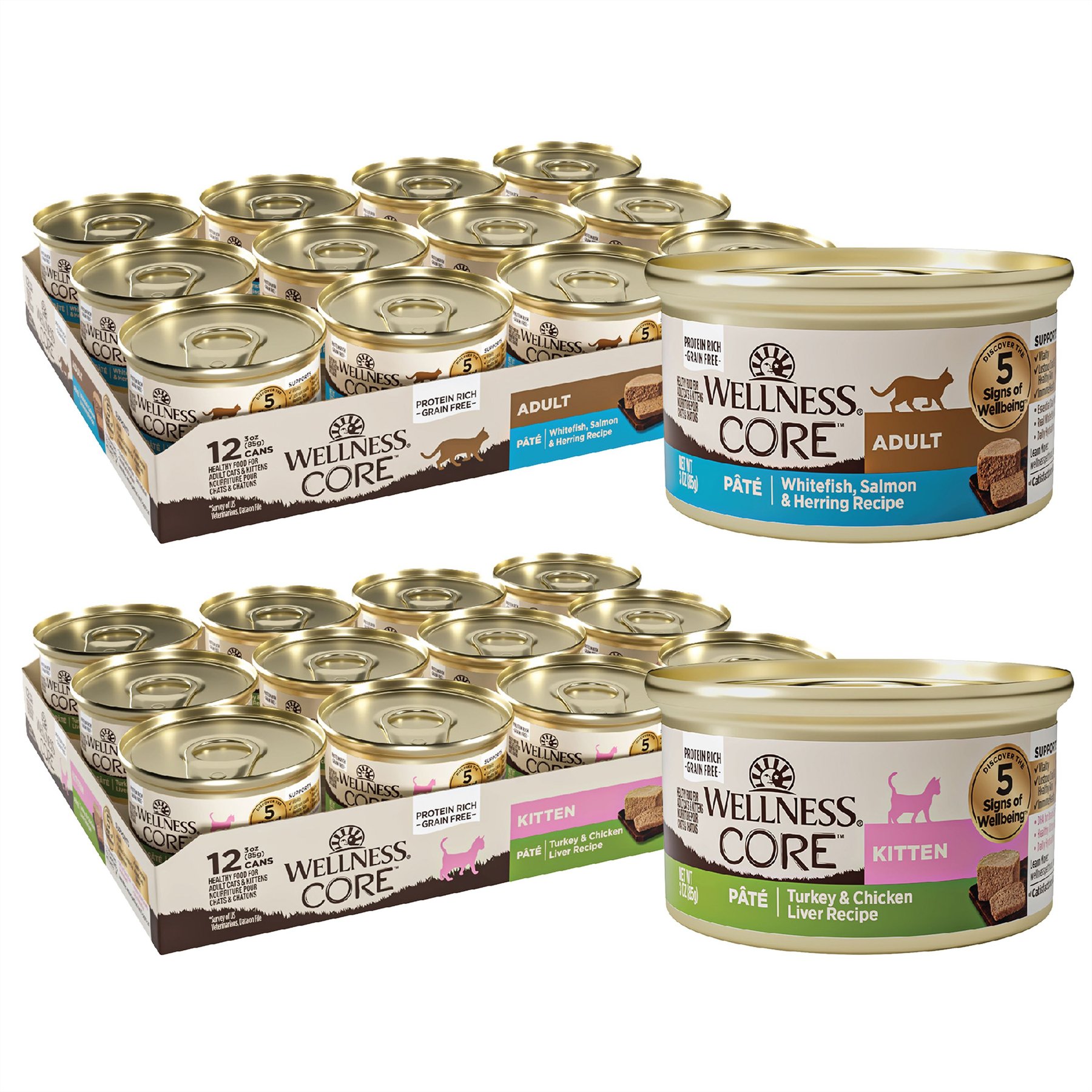 Wellness CORE Natural Grain-Free Turkey & Chicken Liver Pate Canned Kitten Food, 3-oz, case of 12 + Wellness CORE Grain-Free Salmon, Whitefish & Herring Pate Canned Kitten & Cat Food, 3-oz, case of 12