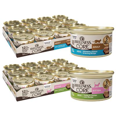Show full view: Wellness CORE Natural Grain-Free Turkey & Chicken Liver Pate Canned Kitten Food, 3-oz, case of 12 + Wellness CORE Grain-Free Salmon, Whitefish & Herring Pate Canned Kitten & Cat Food, 3-oz, case of 12 slide 1 of 10