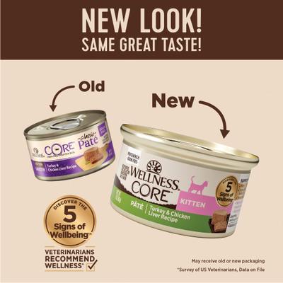 Show full view: Wellness CORE Natural Grain-Free Turkey & Chicken Liver Pate Canned Kitten Food, 3-oz, case of 12 slide 3 of 13