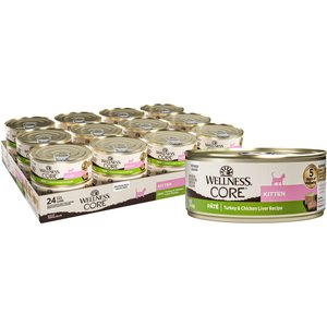 Wellness CORE Natural Grain-Free Turkey & Chicken Liver Pate Canned Kitten Food, 5.5-oz, case of 24