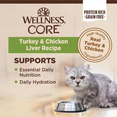 Show full view: Wellness CORE Natural Grain-Free Turkey & Chicken Liver Pate Canned Kitten Food, 5.5-oz, case of 24 slide 3 of 12