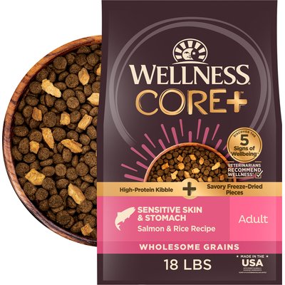 Wellness Wellness CORE+ Sensitive Skin & Stomach with Freeze-Dried Pieces Adult Wholesome Grains High-Protein Natural Salmon & Rice Dry Dog Food, 18-lb bag