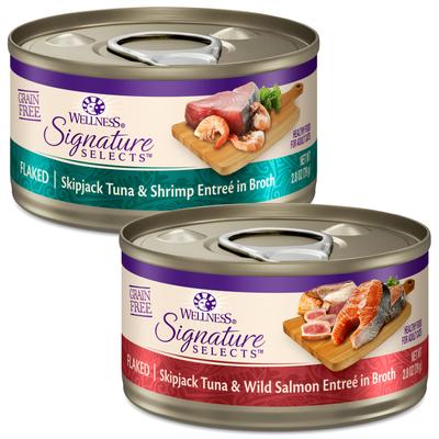 Show full view: Wellness CORE Signature Selects Flaked Skipjack Tuna & Shrimp Entree in Broth + Flaked Skipjack Tuna & Wild Salmon Entree in Broth Canned Cat Food, 2.8-oz, case of 12 slide 1 of 10