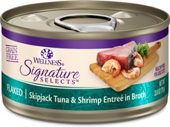Wellness CORE Signature Selects Flaked Skipjack Tuna & Shrimp Entree in Broth + Flaked Skipjack Tuna & Wild Salmon Entree in Broth Canned Cat Food, 2.8-oz, case of 12 slide 2 of 9