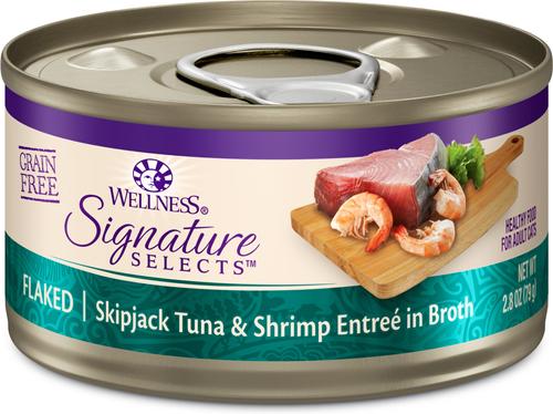Show full view: Wellness CORE Signature Selects Flaked Skipjack Tuna & Shrimp Entree in Broth + Flaked Skipjack Tuna & Wild Salmon Entree in Broth Canned Cat Food, 2.8-oz, case of 12 slide 2 of 10