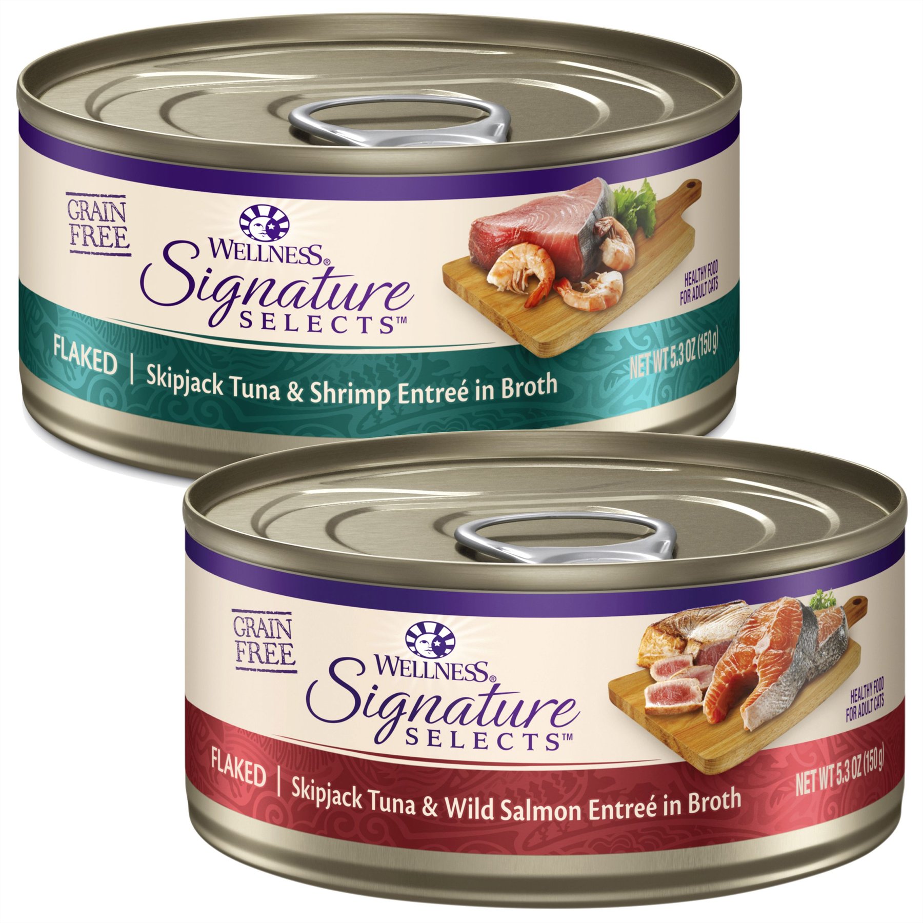 Wellness CORE Signature Selects Flaked Skipjack Tuna & Shrimp Entree in Broth + Flaked Skipjack Tuna & Wild Salmon Entree in Broth Canned Cat Food, 5.3-oz, case of 12