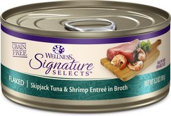 Wellness CORE Signature Selects Flaked Skipjack Tuna & Shrimp Entree in Broth + Flaked Skipjack Tuna & Wild Salmon Entree in Broth Canned Cat Food, 5.3-oz, case of 12 slide 2 of 9