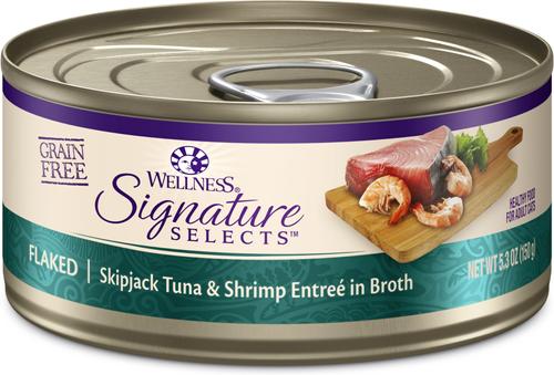Show full view: Wellness CORE Signature Selects Flaked Skipjack Tuna & Shrimp Entree in Broth + Flaked Skipjack Tuna & Wild Salmon Entree in Broth Canned Cat Food, 5.3-oz, case of 12 slide 2 of 9