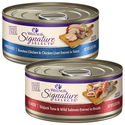 Wellness Wellness CORE Signature Selects Shredded Boneless Chicken & Chicken Liver Entree in Sauce + Flaked Skipjack Tuna & Wild Salmon Entree in Broth Canned Cat Food