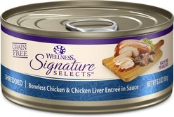 Wellness CORE Signature Selects Shredded Boneless Chicken & Chicken Liver Entree in Sauce + Flaked Skipjack Tuna & Wild Salmon Entree in Broth Canned Cat Food slide 2 of 9