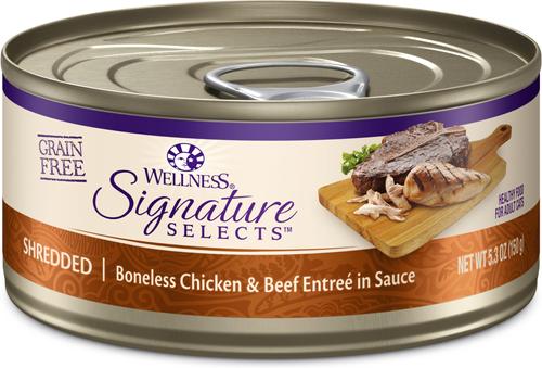 Show full view: Wellness CORE Signature Selects Shredded Boneless Chicken & Chicken Liver Entree in Sauce + Shredded Boneless Chicken & Beef Entree in Sauce Canned Cat Food slide 6 of 9