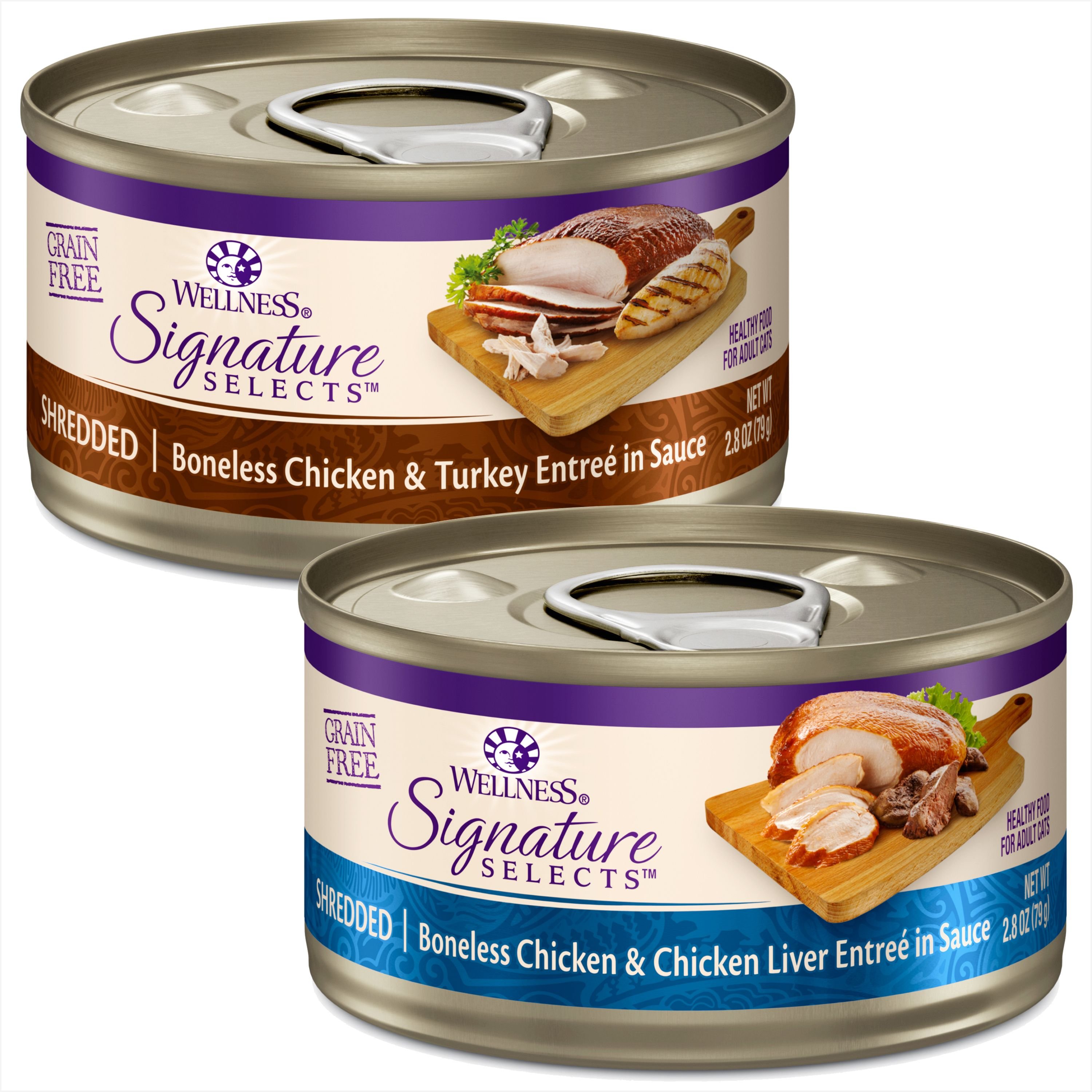 CORE Signature Selects Shredded Boneless Chicken & Turkey Entree in Sauce Grain-Free Natural Canned Cat Food & Wellness CORE Signature Selects Shredded Boneless Chicken & Chicken Liver Entree in Sauce Grain-Free Natural Canned Cat Food