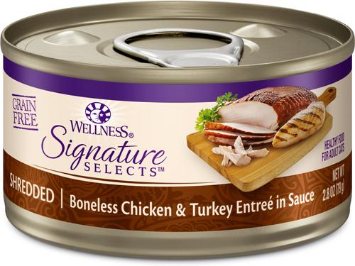 Show full view: Wellness CORE Signature Selects Shredded Boneless Chicken & Turkey Entree in Sauce + Shredded Boneless Chicken & Chicken Liver Entree in Sauce Canned Cat Food, 2.8-oz, case of 12 slide 2 of 10