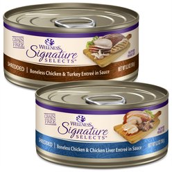 Wellness CORE Signature Selects Shredded Boneless Chicken & Turkey Entree in Sauce + Shredded Boneless Chicken & Chicken Liver Entree in Sauce Canned Cat Food, 5.3-oz, case of 12