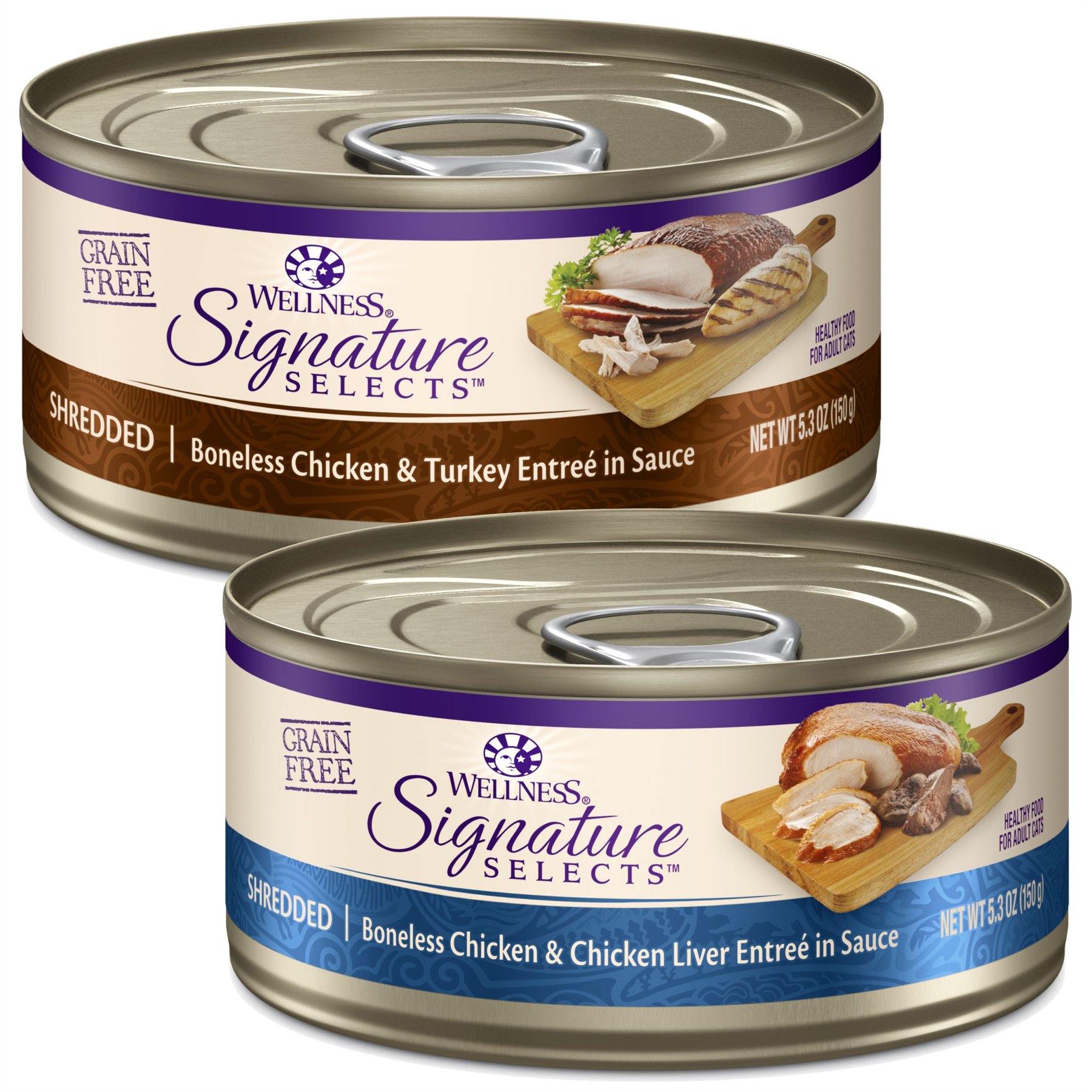 Wellness CORE Signature Selects Shredded Boneless Chicken & Turkey Entree in Sauce + Shredded Boneless Chicken & Chicken Liver Entree in Sauce Canned Cat Food, 5.3-oz, case of 12