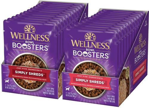 Show full view: Wellness CORE Simply Shreds Chicken, Beef & Carrots + Chicken, Salmon & Pumpkin Wet Dog Food Topper slide 1 of 9