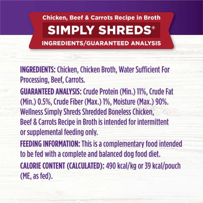Show full view: Wellness CORE Simply Shreds Chicken, Beef & Carrots + Chicken, Salmon & Pumpkin Wet Dog Food Topper slide 5 of 9