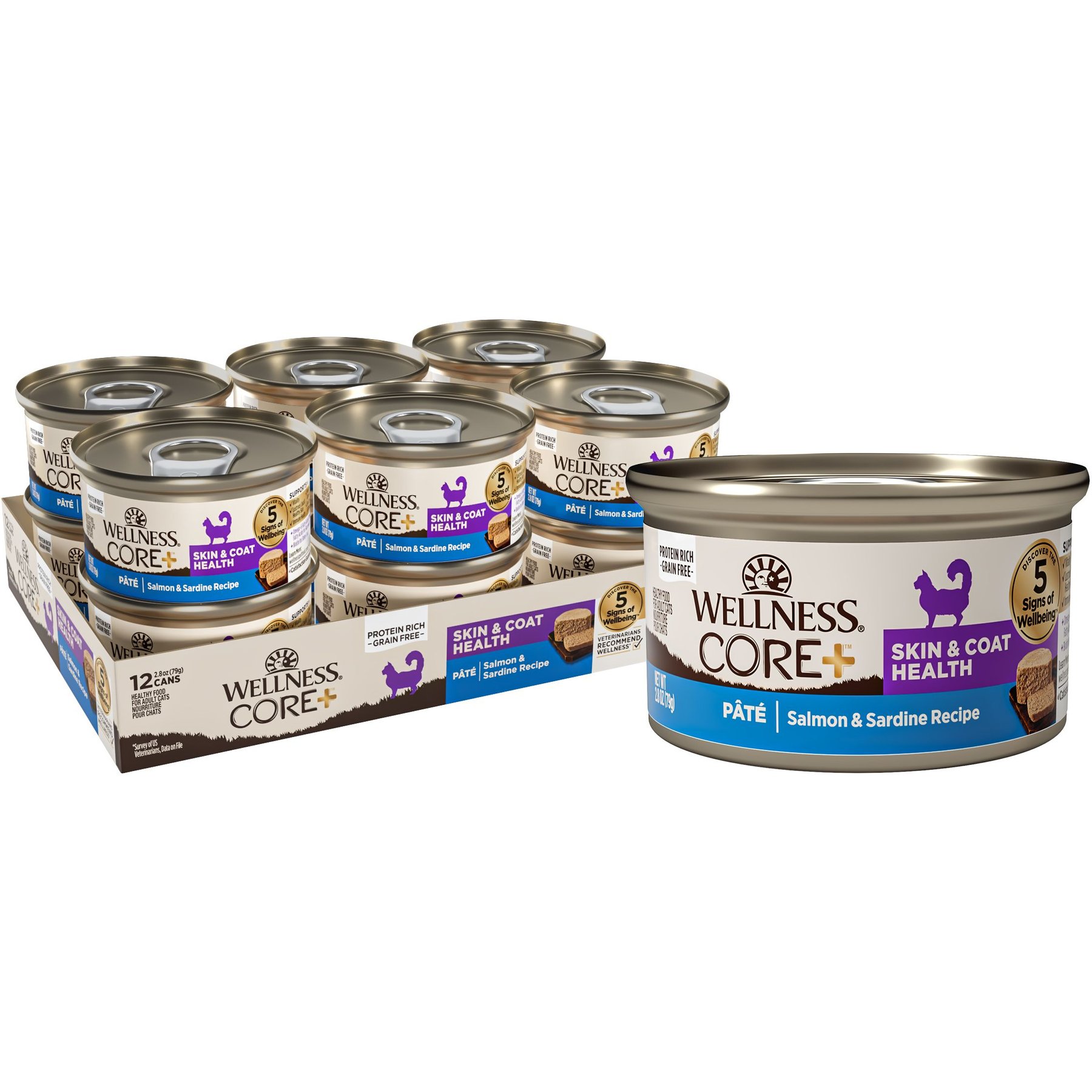 Wellness CORE+ Skin & Coat Pate Salmon & Sardine Natural Grain-Free Wet Cat Food, 2.8-oz can, case of 12