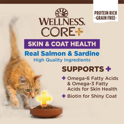 Show full view: Wellness CORE+ Skin & Coat Salmon & Sardine Natural Grain-Free Pate Wet Cat Food, 2.8-oz can, case of 12 slide 4 of 11