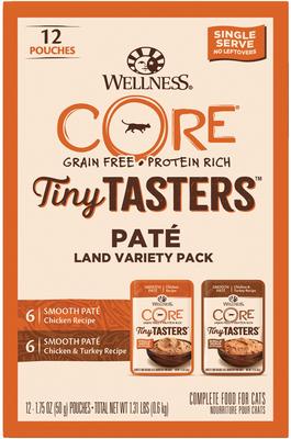 Show full view: Wellness CORE Tiny Tasters Chicken, Chicken & Turkey Pate Land Variety Pack Grain-Free Cat Food Pouches, 1.75-oz, pack of 12 slide 1 of 11