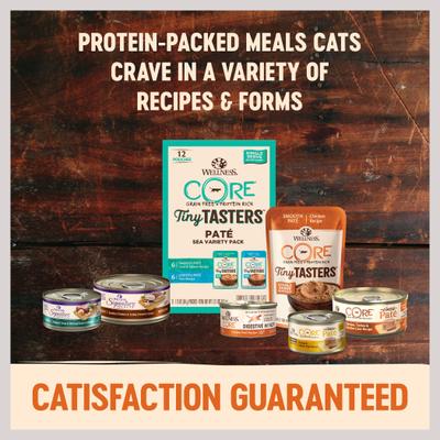 Show full view: Wellness CORE Tiny Tasters Chicken, Chicken & Turkey Pate Land Variety Pack Grain-Free Cat Food Pouches, 1.75-oz, pack of 12 slide 4 of 11
